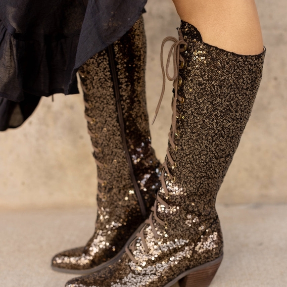 Joyfolie Bryce Boots In Bronze Sequin Lace-Up Knee-High - Sz9 - Picture 4 of 17